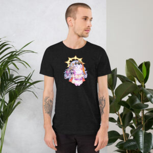 Black tee, male model – Male model wearing the Vali’s Baldr Plushie – Fire Emblem Shirt in black, standing by plants.