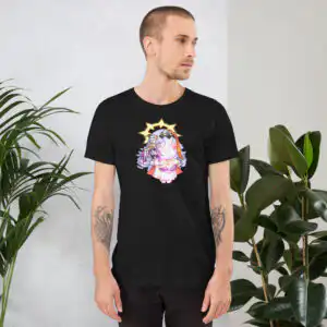 Black tee, male model – Male model wearing the Vali’s Baldr Plushie – Fire Emblem Shirt in black, standing by plants.