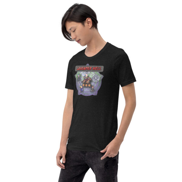 Man looking down in black “Lavender Hell - Fire Emblem Shirt”
