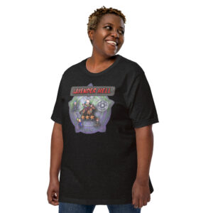 Woman in black “Lavender Hell - Fire Emblem Shirt” with one hand in pocket