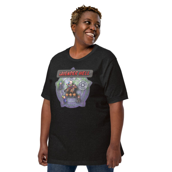 Woman in black “Lavender Hell - Fire Emblem Shirt” with one hand in pocket