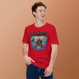 Man in red “Lavender Hell - Fire Emblem Shirt” smiling against warm background