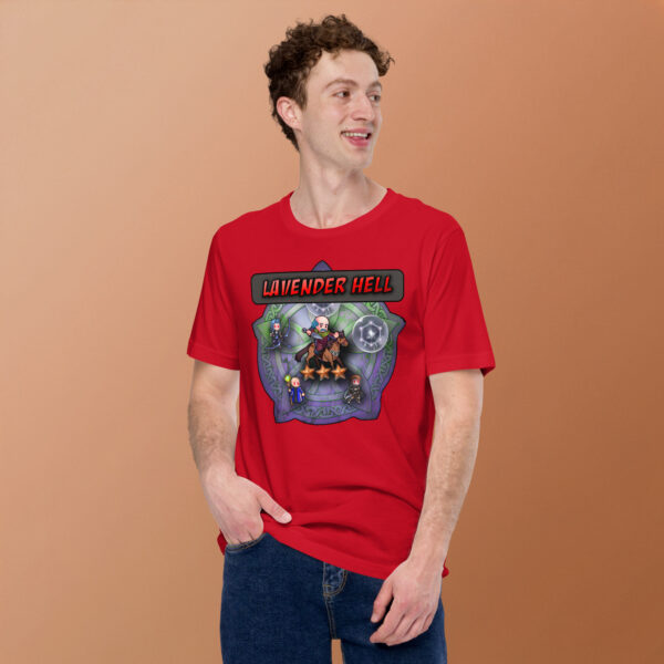 Man in red “Lavender Hell - Fire Emblem Shirt” smiling against warm background