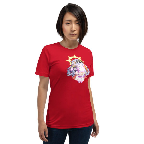 Red tee, straight-faced female model – Female model in red Vali’s Baldr Plushie – Fire Emblem Shirt with a neutral expression.