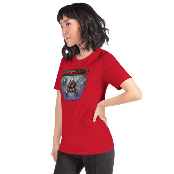 Woman in red “Lavender Hell - Fire Emblem Shirt” looking to the side