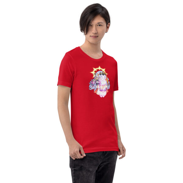 Red tee, male model smiling – Male model wearing red Vali’s Baldr Plushie – Fire Emblem Shirt, smiling casually.