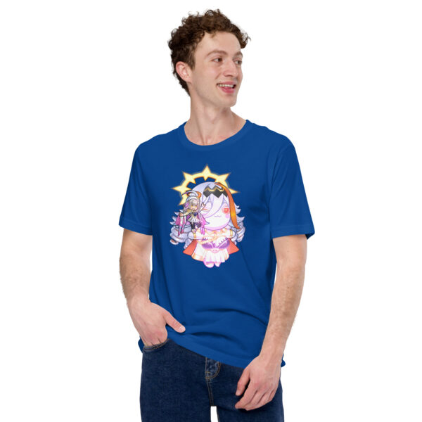 Royal blue tee, male model – Male model wearing royal blue Vali’s Baldr Plushie – Fire Emblem Shirt, looking to the side.