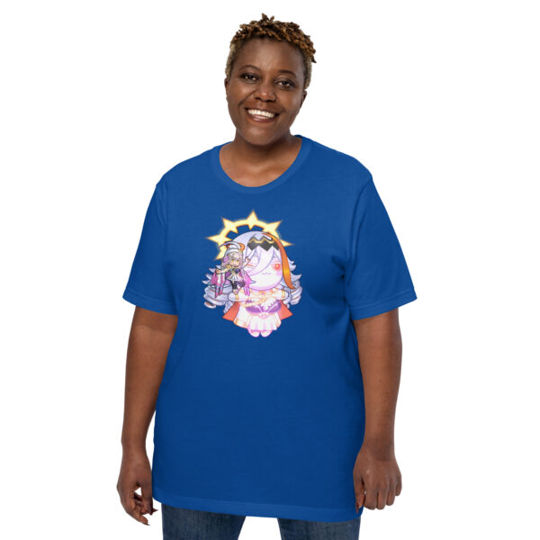 Royal blue tee, plus-size female model – Plus-size model wearing the Vali’s Baldr Plushie – Fire Emblem Shirt in royal blue.