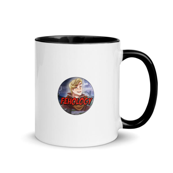 Back view of the 11 oz. Lavender Hell – Fire Emblem Mug with the FEHology logo displayed prominently.