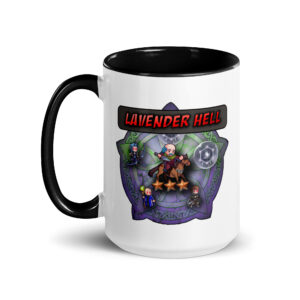 Front view of the 15 oz. Lavender Hell – Fire Emblem Mug highlighting the chaotic summoning circle art with bold “Lavender Hell” label.