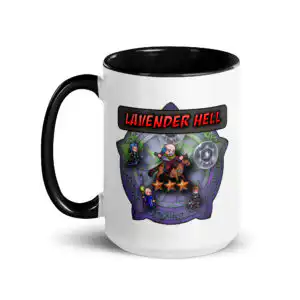 Front view of the 15 oz. Lavender Hell – Fire Emblem Mug highlighting the chaotic summoning circle art with bold “Lavender Hell” label.