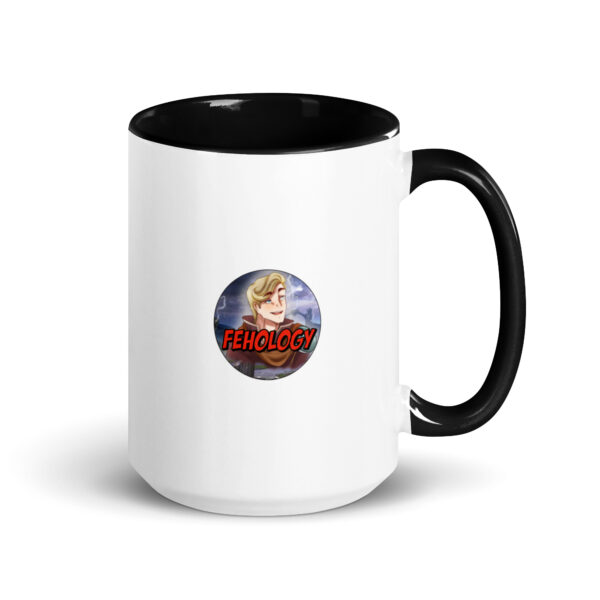Back view of the 15 oz Lavender Hell – Fire Emblem Mug featuring the FEHology logo on a white ceramic mug with black interior and handle.