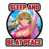 Close-up of Adult Tiki raising her arm with the bold quote “Sleep and Be at Peace” on a circular Fire Emblem Sticker.