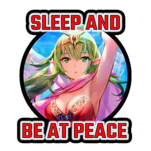 Close-up of Adult Tiki raising her arm with the bold quote “Sleep and Be at Peace” on a circular Fire Emblem Sticker.