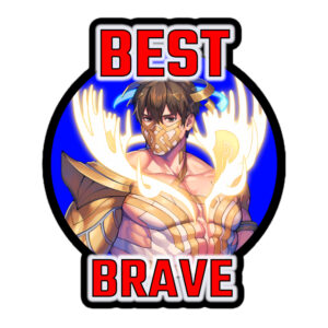 Fire Emblem Sticker closeup of Best Brave Eikþyrnir with glowing golden antlers, detailed mask, and bold red “Best Brave” text.