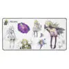 Framed product mockup of large Nowi desk mat showing full character sheet with detailed art and colors.