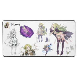 Framed product mockup of large Nowi desk mat showing full character sheet with detailed art and colors.