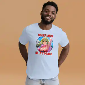 Adult Tiki Crit - Unisex Tee Fire Emblem Tiki Shirt in light blue on a Black male model smiling casually
