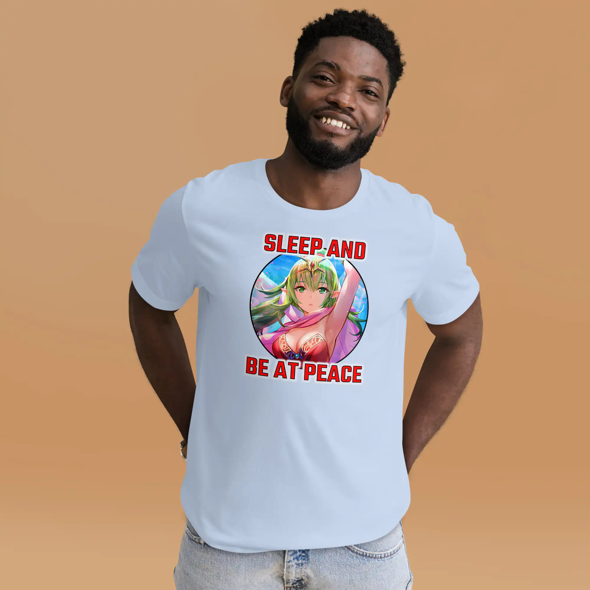 Adult Tiki Crit - Unisex Tee Fire Emblem Tiki Shirt in light blue on a Black male model smiling casually