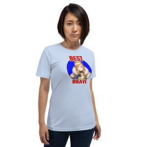 Fire Emblem Shirt – Best Brave Sharena printed on light blue unisex tee modeled by woman, vibrant design stands out.