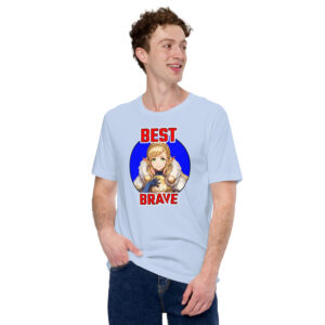 Fire Emblem Shirt – Best Brave Sharena printed on black unisex tee modeled by man, casual fit with striking artwork.