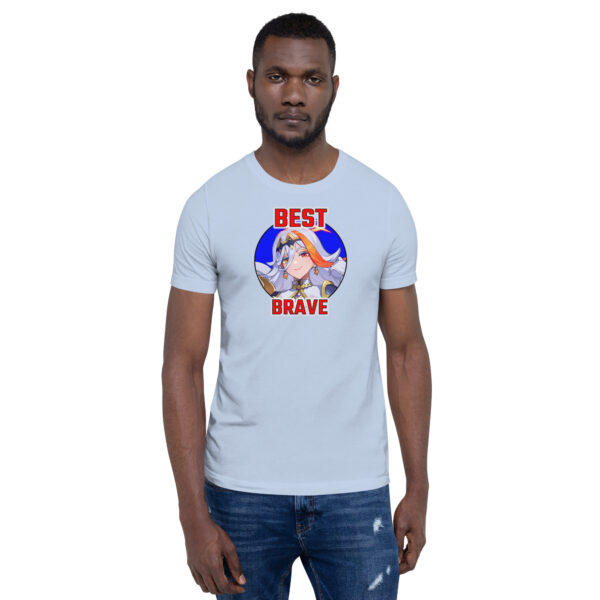 Fire Emblem Shirt featuring Best Brave Baldr design on a light blue unisex tee, modeled by a man standing with hands in pockets.