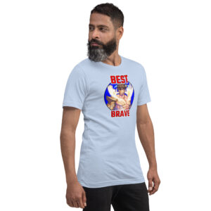 Fire Emblem Shirt – Best Brave Eikþyrnir artwork on a light blue unisex tee, modeled by a man with a beard.