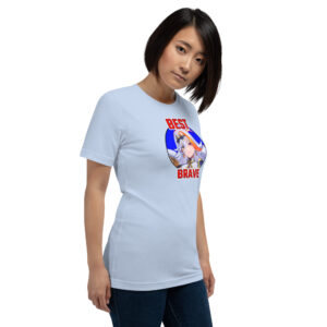 Fire Emblem Shirt with Best Brave Baldr artwork printed on a light blue unisex tee, modeled by a woman angled slightly sideways.