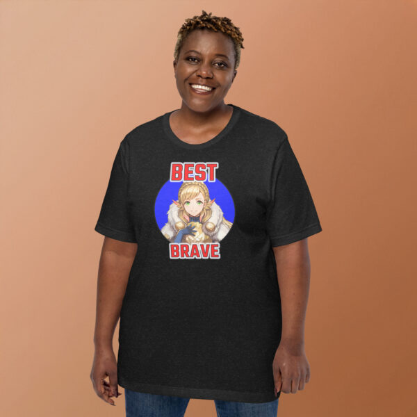 Fire Emblem Shirt – Best Brave Sharena design on black unisex tee modeled by woman, featuring vibrant red text and blue background.