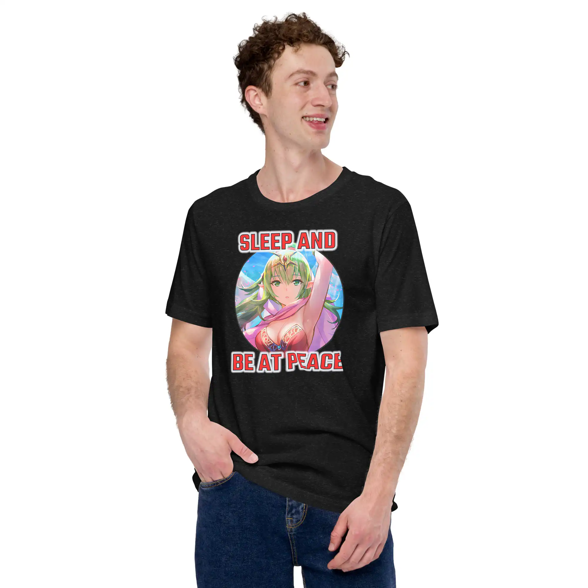 Adult Tiki Crit - Unisex Tee Male model wearing Fire Emblem Tiki Shirt in black with casual smile