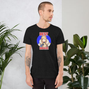 Fire Emblem Shirt – Best Brave Sharena design on light blue unisex tee modeled by man, showcasing bold character art.