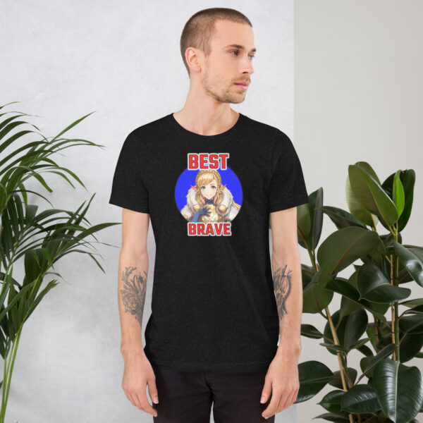 Fire Emblem Shirt – Best Brave Sharena design on light blue unisex tee modeled by man, showcasing bold character art.