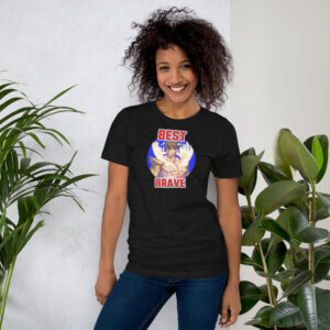 Fire Emblem Shirt – Best Brave Eikþyrnir design printed on a black unisex tee, modeled by a smiling woman.