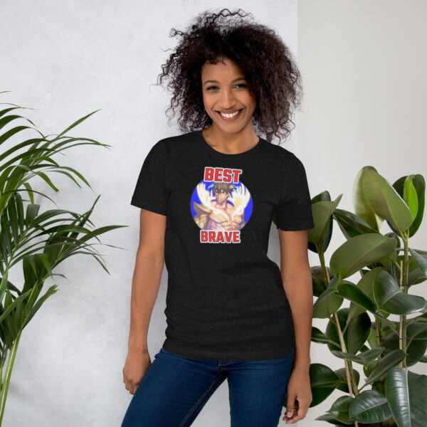 Fire Emblem Shirt – Best Brave Eikþyrnir design printed on a black unisex tee, modeled by a smiling woman.