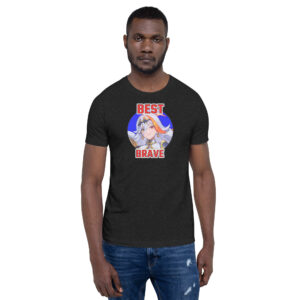 Fire Emblem Shirt highlighting Best Brave Baldr art on a black unisex tee, modeled by a man standing straight with hands at sides.