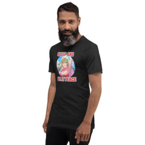 Bearded male model wearing Fire Emblem Tiki Shirt in black with arms down