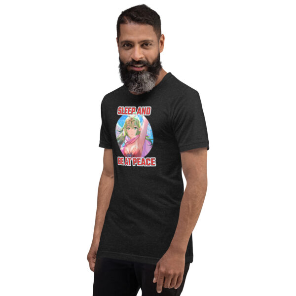 Bearded male model wearing Fire Emblem Tiki Shirt in black with arms down