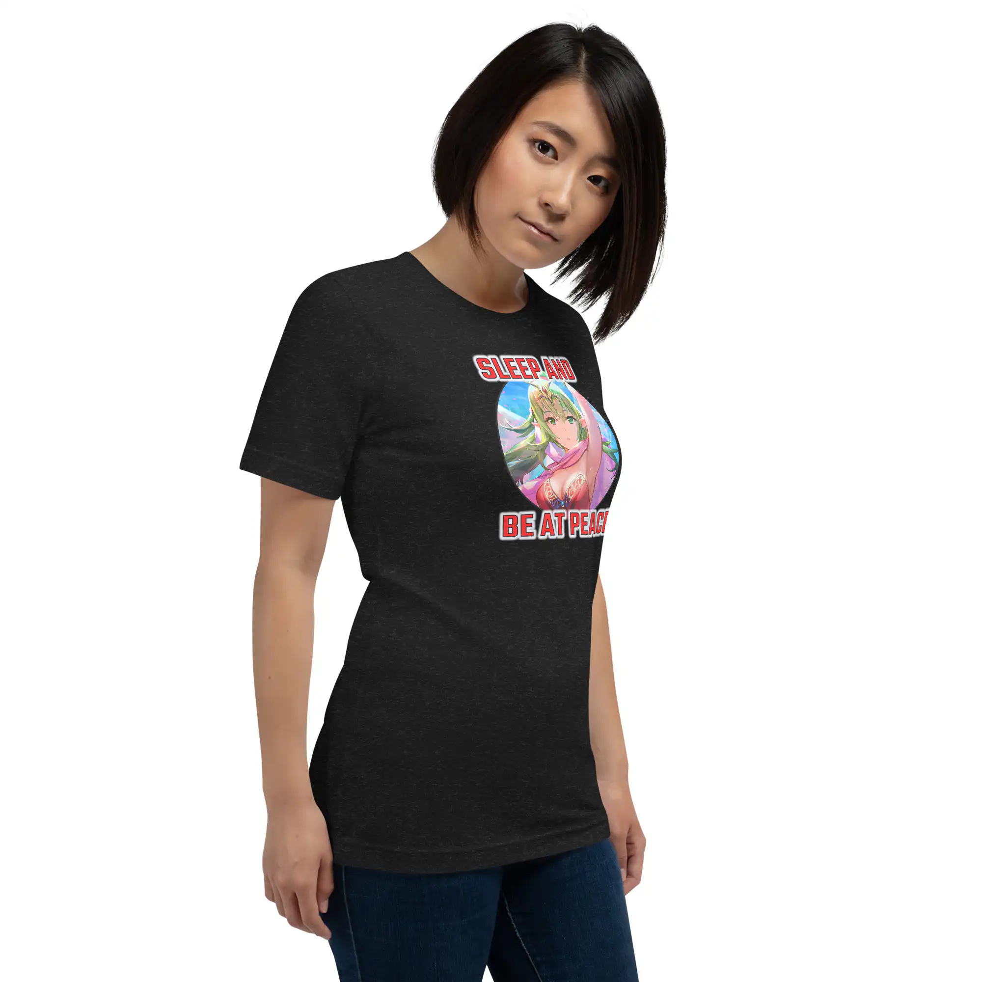 Adult Tiki Crit - Unisex Tee Woman wearing Fire Emblem Tiki Shirt in black with a tilted pose
