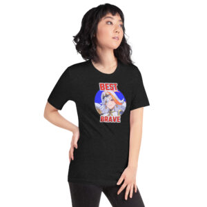 Fire Emblem Shirt showcasing Best Brave Baldr graphic on a black unisex tee, modeled by a woman standing with one hand in pocket.