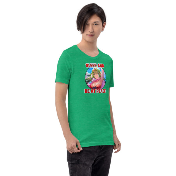 Slim male model wearing Fire Emblem Tiki Shirt in green, standing relaxed