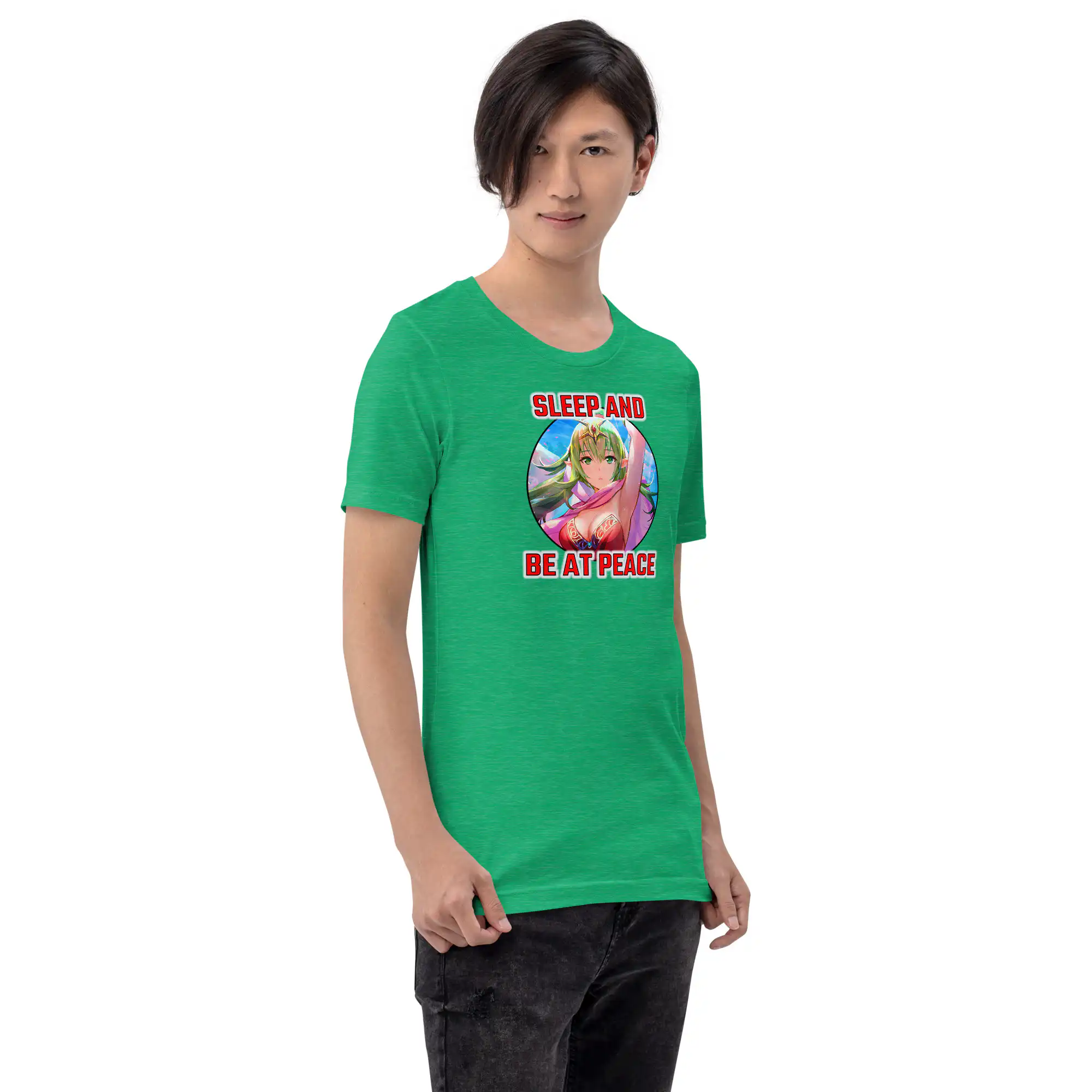 Adult Tiki Crit - Unisex Tee Slim male model wearing Fire Emblem Tiki Shirt in green, standing relaxed