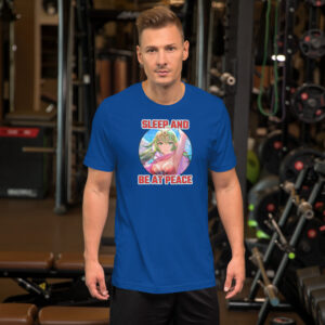 Gym setting with man wearing Fire Emblem Tiki Shirt in blue