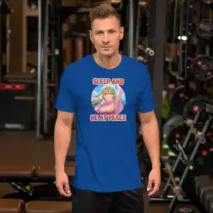Adult Tiki Crit - Unisex Tee Gym setting with man wearing Fire Emblem Tiki Shirt in blue