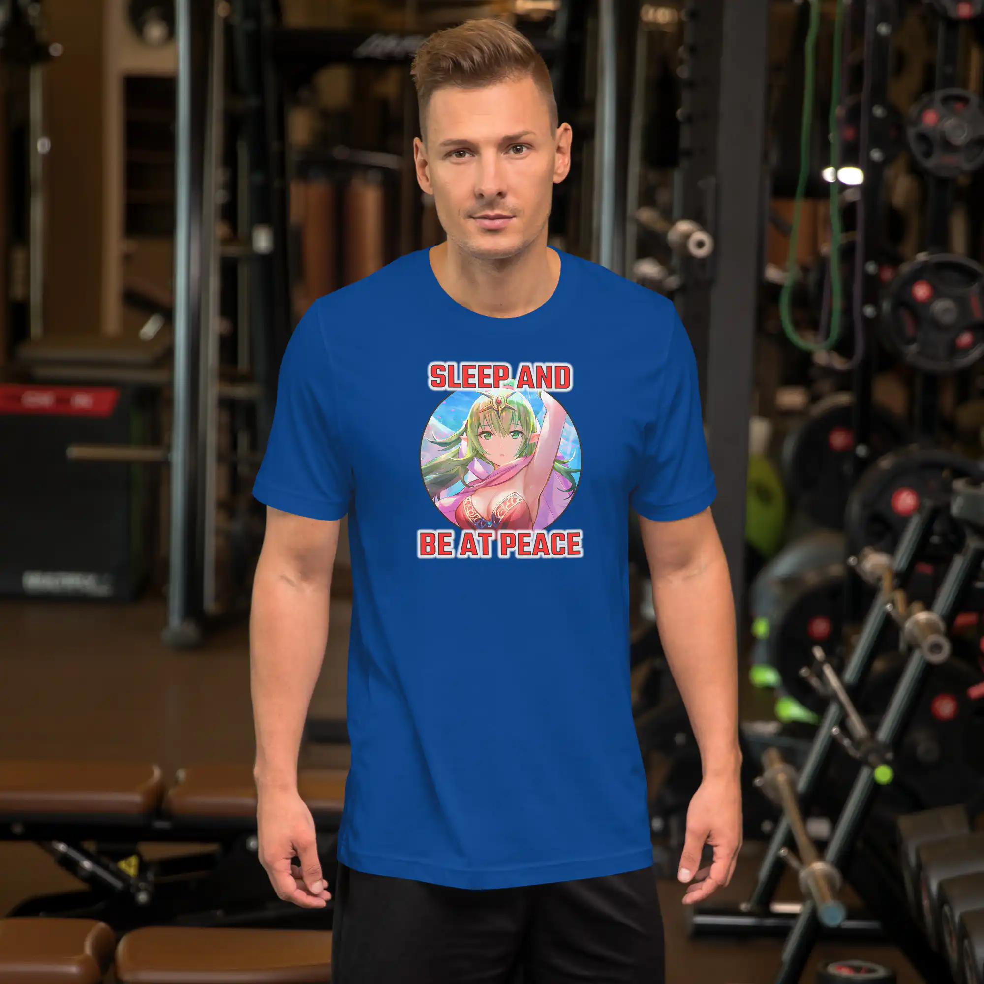 Adult Tiki Crit - Unisex Tee Gym setting with man wearing Fire Emblem Tiki Shirt in blue