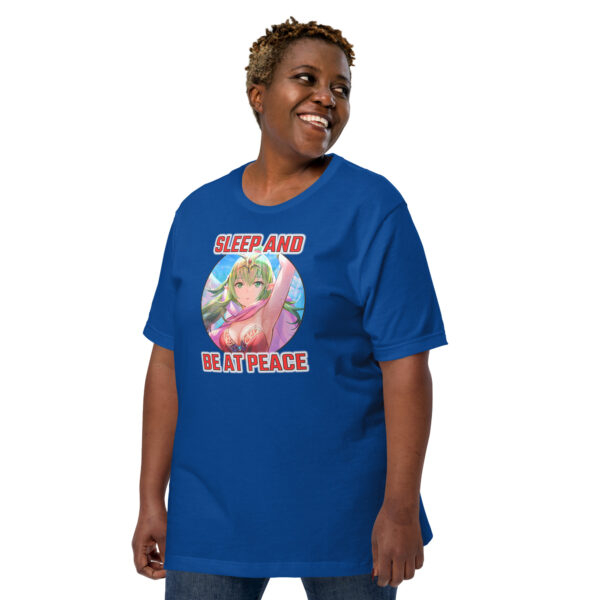 Woman wearing Fire Emblem Tiki Shirt in navy blue, smiling