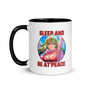 Front view of Fire Emblem Mug with Tiki saying “Sleep and Be at Peace” in bold red text