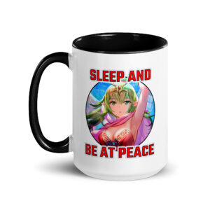 Front-right angle of Fire Emblem Mug showcasing Tiki critical hit design and anime quote