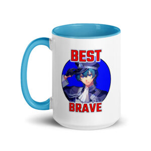 15oz Fire Emblem Mug – Best Brave Byleth angled view showing the design clearly with blue handle and rim.