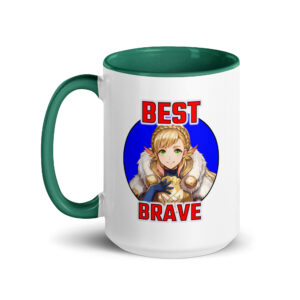 Fire Emblem Mug with Best Brave Sharena artwork, larger 15oz size, white body with green handle and rim.