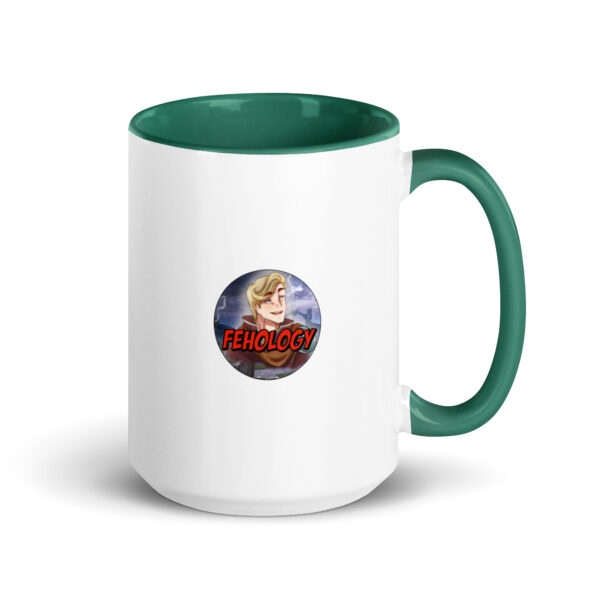 Fire Emblem Mug showing Best Brave Sharena on one side and FEHology logo on the other, green handle accent.